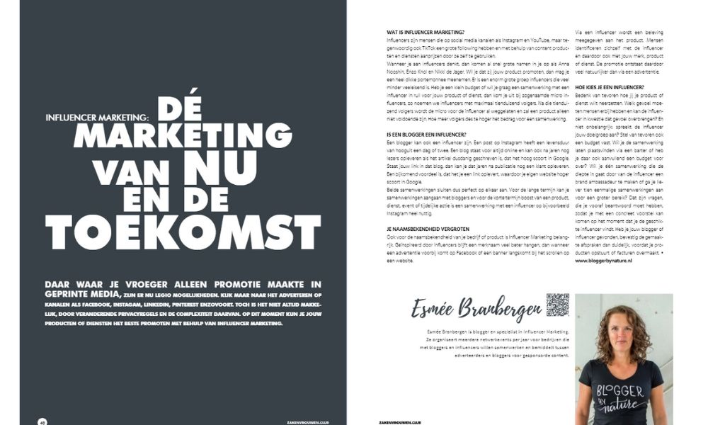 Artikel in zakenvrouwenclub glossy over Influencer Marketing